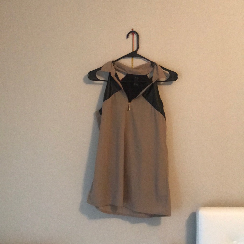 Light Brown top with faux Leather collar
